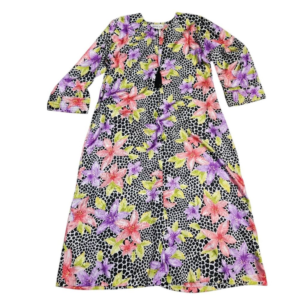 Winlar Caftan Robe Black Floral Animal Print Zip Front Lightweight Size M